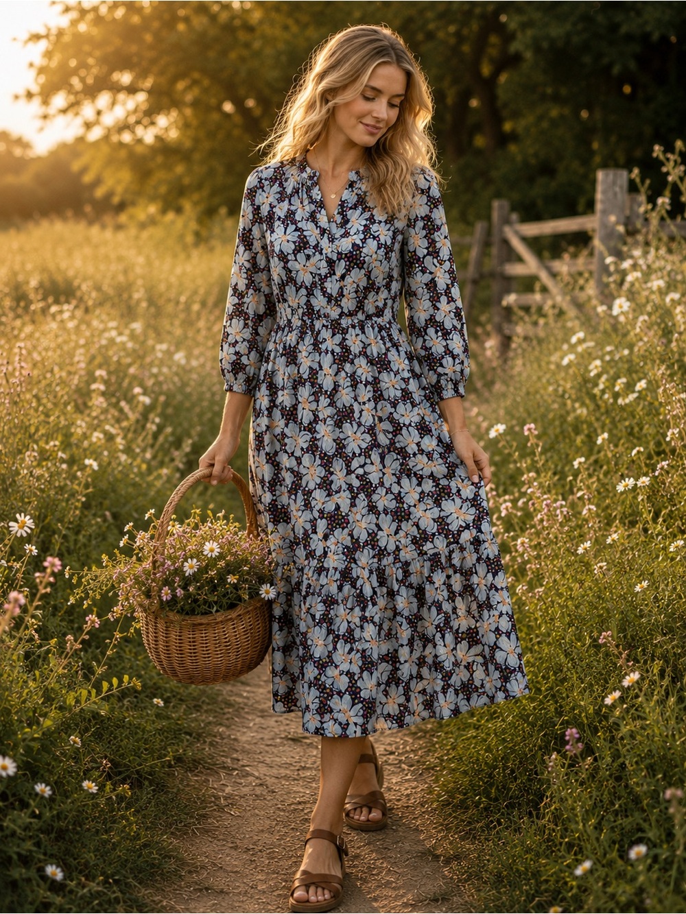 NWT - XL - STYLE & Co - Floral V-Neck A-Line Dress in Light Blue
